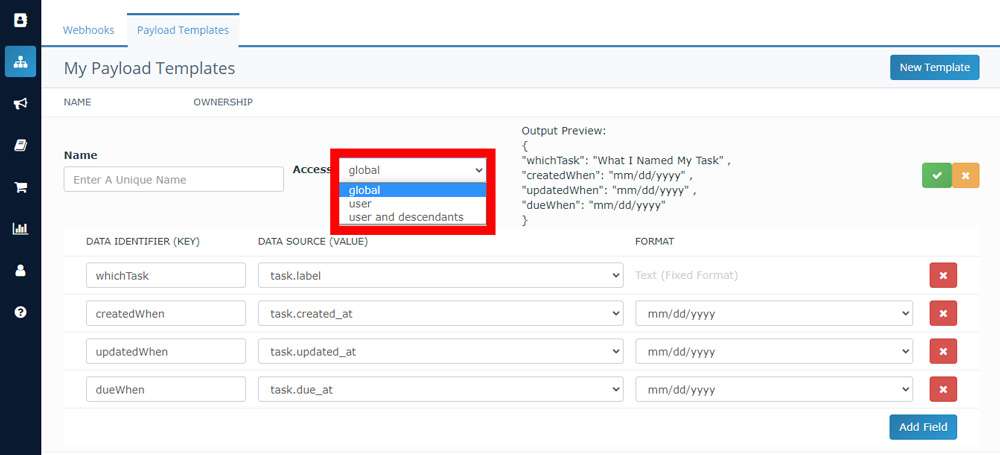 Screenshot of Insureio's Payload Templates tab with the Access dropdown box highlighted