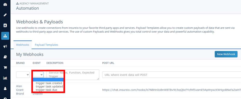 Screenshot of Insureio's My Webhooks section with the event selection dropdown menu highlighted