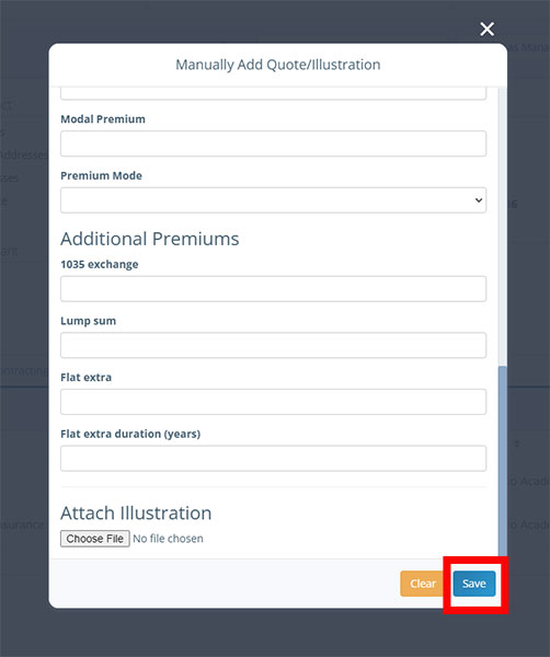 Screenshot of the modal window for entering quote/illustration details with the Save button highlighted