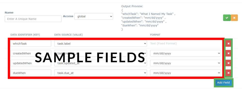 Screenshot of Insureio's Payload Templates tab with the sample key/value fields highlighted