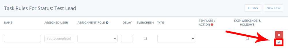 Screenshot of Insureio's Task Builder with the Save checkmark icon highlighted