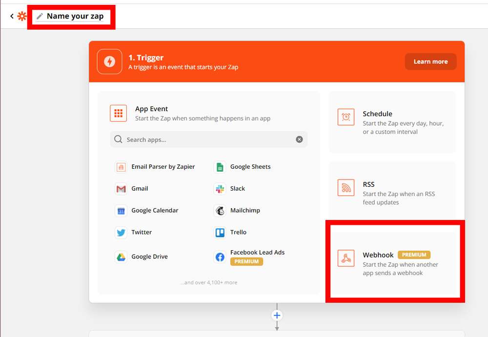 Screenshot of Zapier's zap trigger selection screen with the Webhook selection highlighted