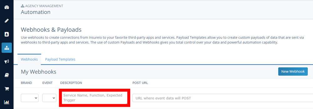 Screenshot of Insureio's My Webhooks section with the description entry box highlighted