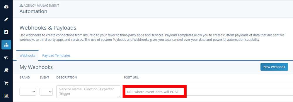 Screenshot of Insureio's My Webhooks section with the post URL entry box highlighted