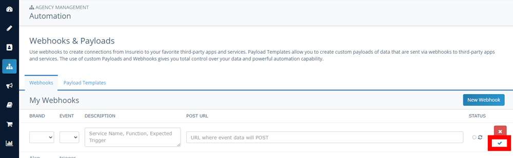 Screenshot of Insureio's My Webhooks section with the blue checkmark highlighted