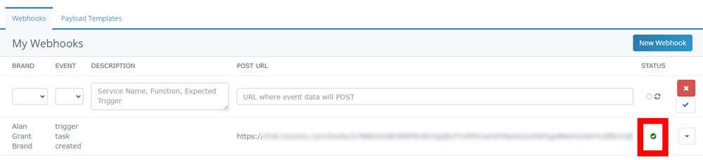 Screenshot of Insureio's My Webhooks section with the blue checkmark highlighted