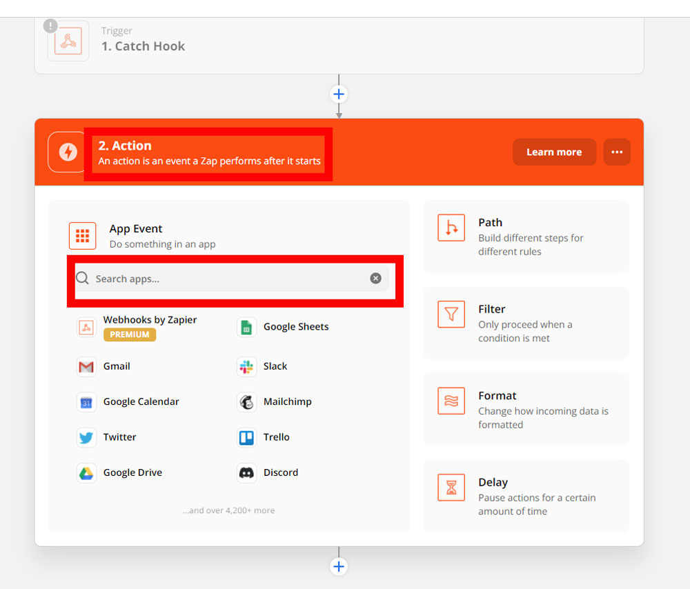 Screenshot of Zapier's trigger action setup screen with the search box highlighted