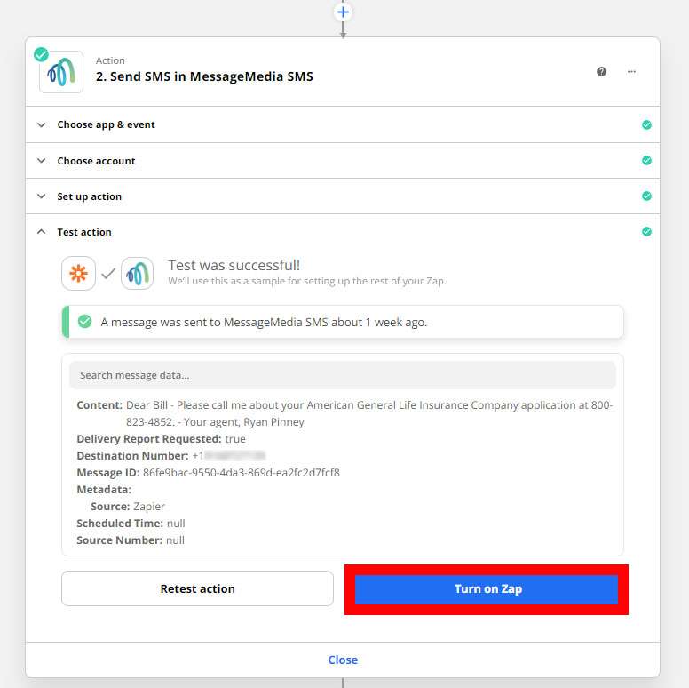 Screenshot of Zapier's test action screen with the Turn on Zap button highlighted