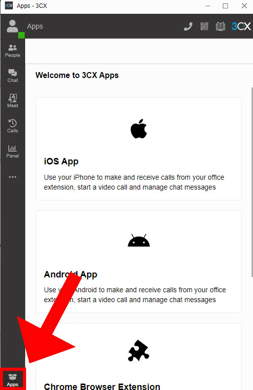 Screenshot of the 3CX home page with the Apps icon highlighted