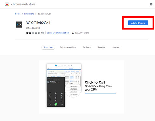 Screenshot of the 3CX Chrome Extension's installation page with the installation button highlighted