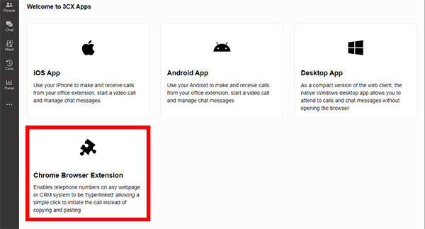 Screenshot of the 3CX options for apps, with the Chrome Browser Extension option highlighted
