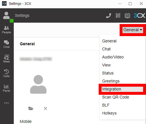 Screenshot of the options available when you click 3CX's three-dot menu, with the option for Integration highlighted