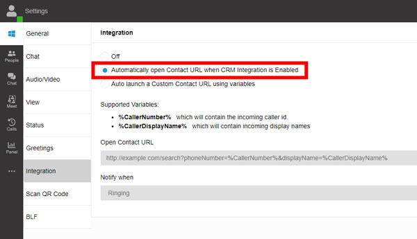 Screenshot of the integration options for 3CX, with the option to automatically open a contact URL when a CRM integration is enabled selected via radio button