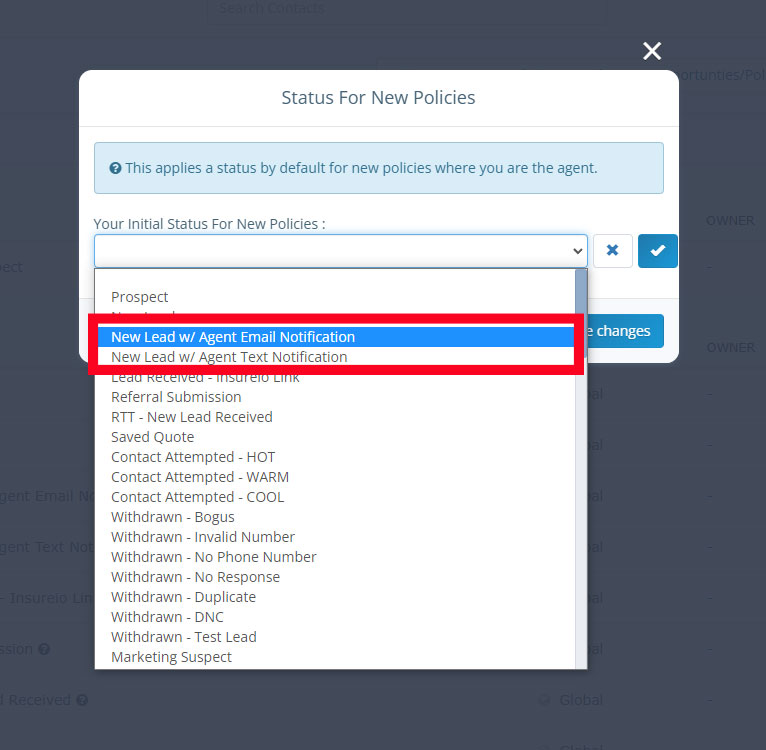 Agency Management: Initial Status Dropdown Menu