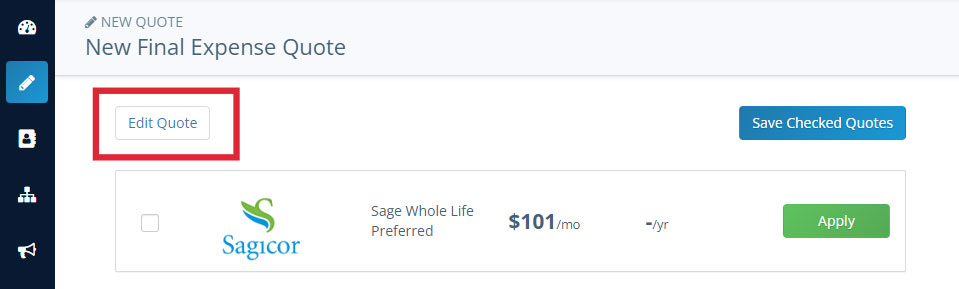Screenshot of the available quote results with the Edit Quote button highlighted