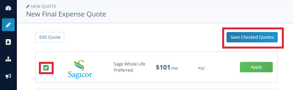 Screenshot of the available quote results with the first quote checked off and the Save Checked Quotes button higlighted