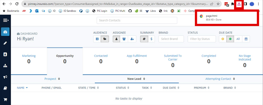 Screenshot of a sample user's Insureio dashboard with the Chrome browser's download notification pop-up and the download icon highlighter to indicate the user has downloaded the screenshot image