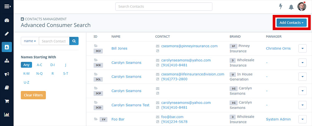 Screenshot of the Insureio contacts management page