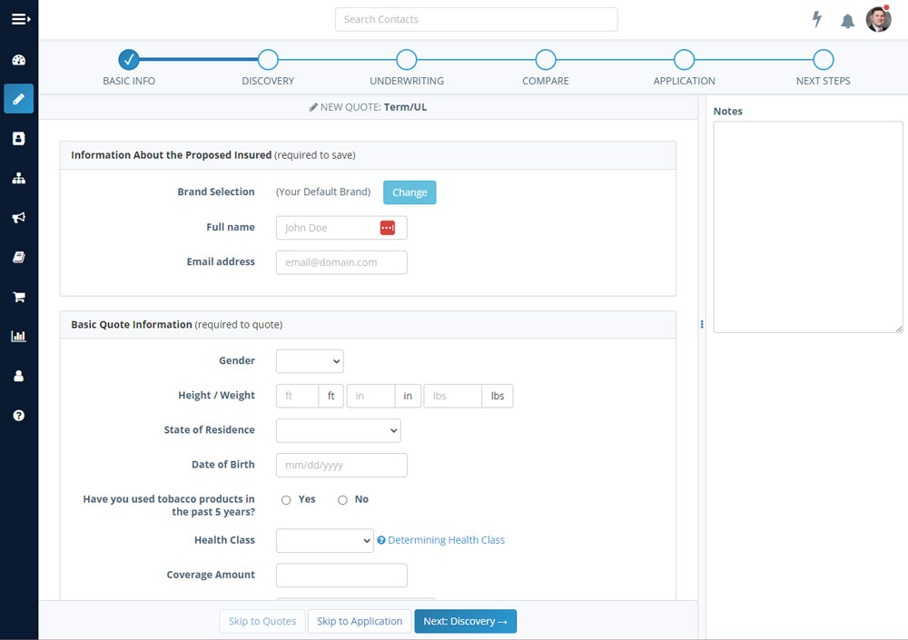 Screenshot of the Insureio quote path