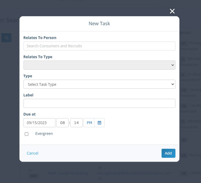 Screenshot of the Insureio new task modal window