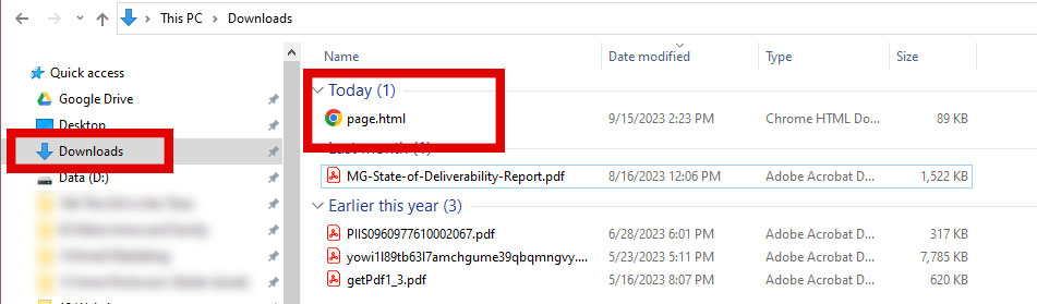 Screenshot of a PC user's downloads folder, accessed using Windows Explorer